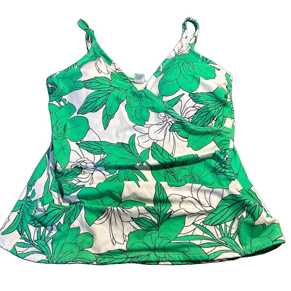 Liz Claiborne Tankini Top Women's Size 16 Green/White Floral TOP ONLY
